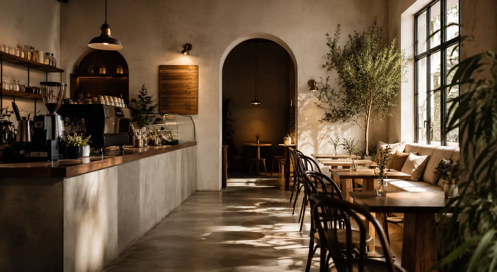 Coffee shop interior with warm lighting